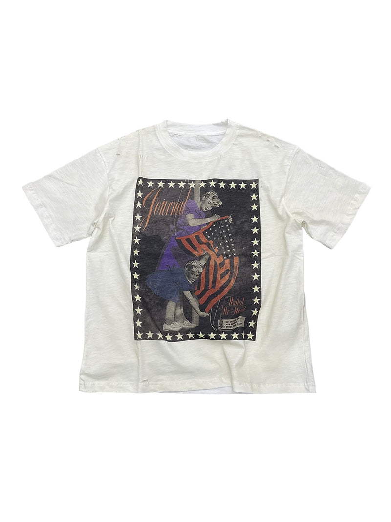 Graphic Tee - front view with star-bordered vintage poster graphic