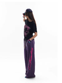 Fluorescent Floral Print Purple Washed Sweats