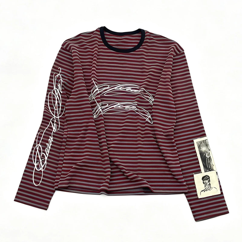 Striped Appliqué Long Sleeve - Burgundy/Grey colorway